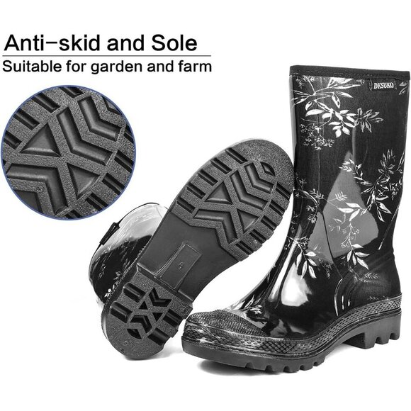 Women's Black Leaves Lightweight Rubber Fashion Wide Calf Waterproof Rain Boots - Picture 3 of 5